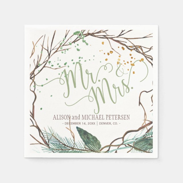 Serviettes En Papier Aquarelle hiver couronne m. mrs script mariage (Devant)