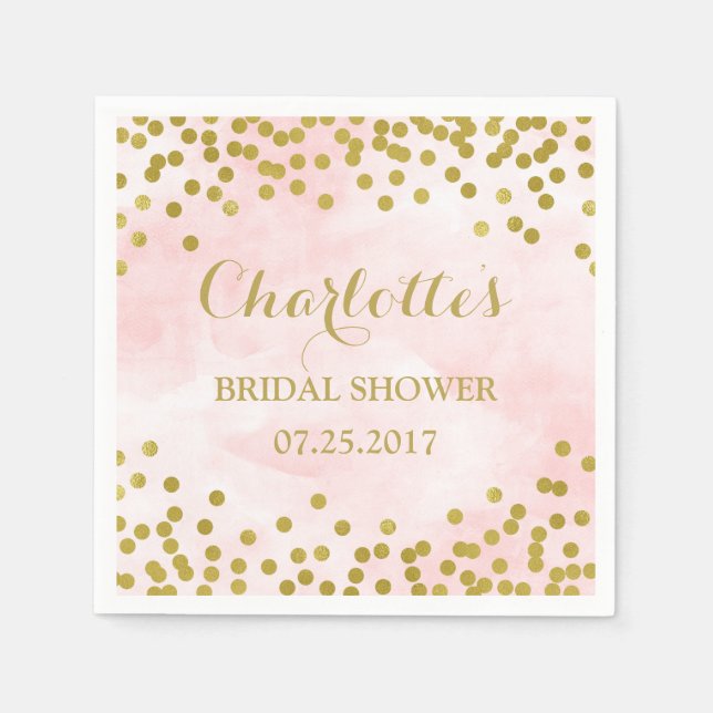 Serviettes En Papier Aquarelle rose pâle Fête des mariées Confetti or (Devant)