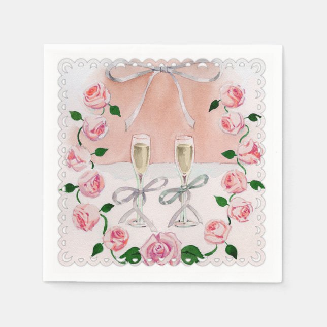 Serviettes En Papier Aquarelle Roses et Champagne (Devant)