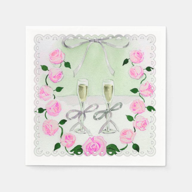 Serviettes En Papier Aquarelle Roses roses et Champagne (Devant)