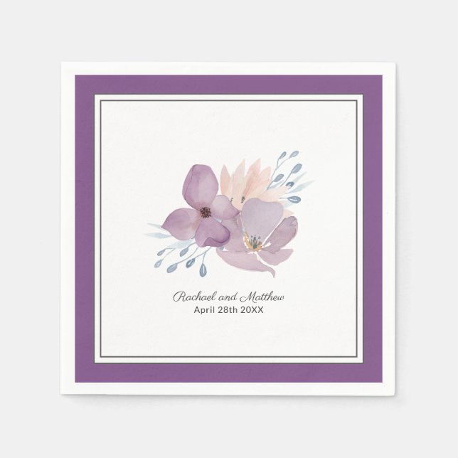 Serviettes En Papier Aquarelle violet Mariage floral (Devant)