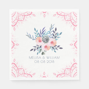 Serviettes En Papier Aquarelles Bouquet floral & cadre rose