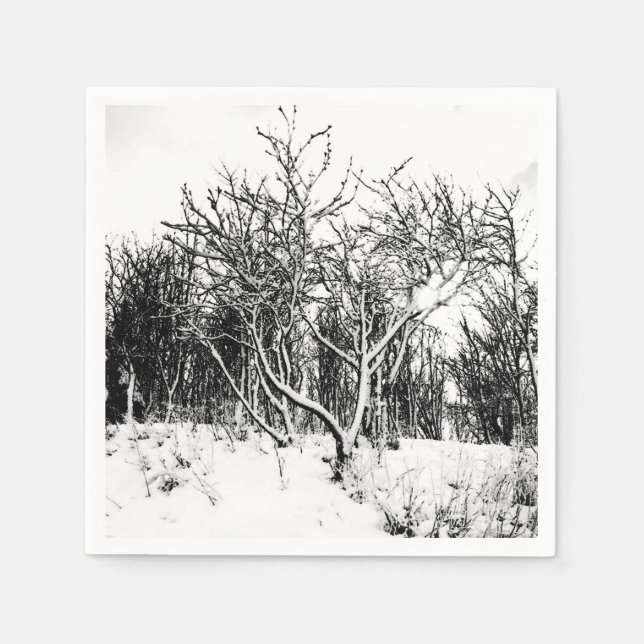 Serviettes En Papier Arbres et scène de neige, noir et blanc (Devant)