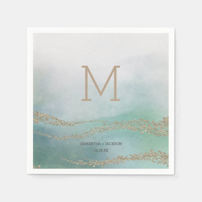 Serviettes En Papier Awash Elegant Aquarelle dans Ocean Mariage Monogra (Devant)