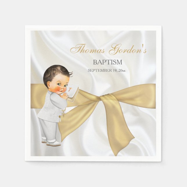 Serviettes En Papier Baby Boy Baptism Christening Gold Bow (Devant)