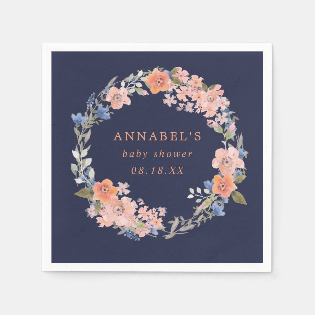 Serviettes En Papier Baby shower de couronnes florales marine et pêche (Devant)