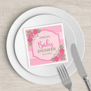 Serviettes En Papier Baby shower de filles Roses et rayures roses