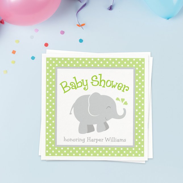 Serviettes En Papier Baby shower éléphant moderne vert et gris (Créateur téléchargé)