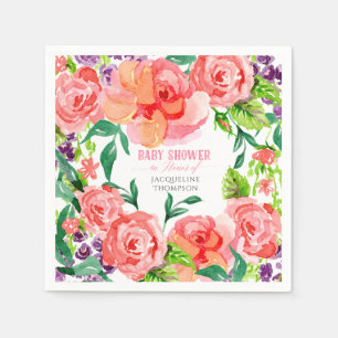 Serviettes En Papier Baby shower Fille Aquarelle Fleurs modernes Rose