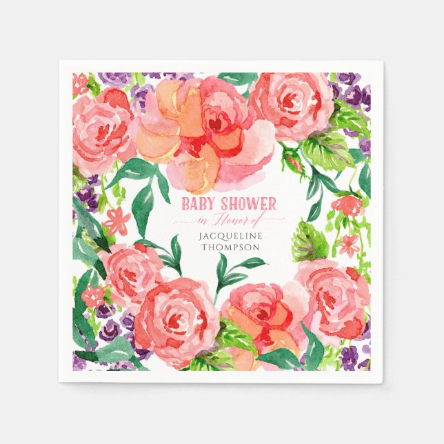 Serviettes En Papier Baby shower Fille Aquarelle Fleurs modernes Rose (Devant)