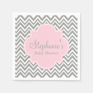 Serviettes En Papier Baby shower gris, blanc et rose pastel Chevron