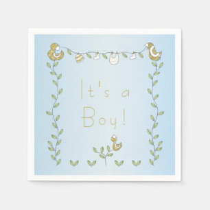 Serviettes En Papier Baby shower standard Napkin BLUE "Gold Birds"