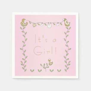 Serviettes En Papier Baby shower Standard Napkin PINK "Oiseaux d'or"