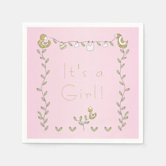 Serviettes En Papier Baby shower Standard Napkin PINK "Oiseaux d'or" (Devant)