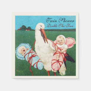 SERVIETTES EN PAPIER BABY SHOWER STORK TWIN