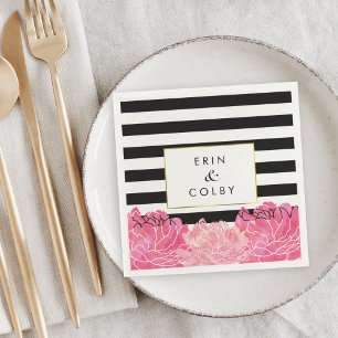Serviettes En Papier Bande noire et pivoine rose