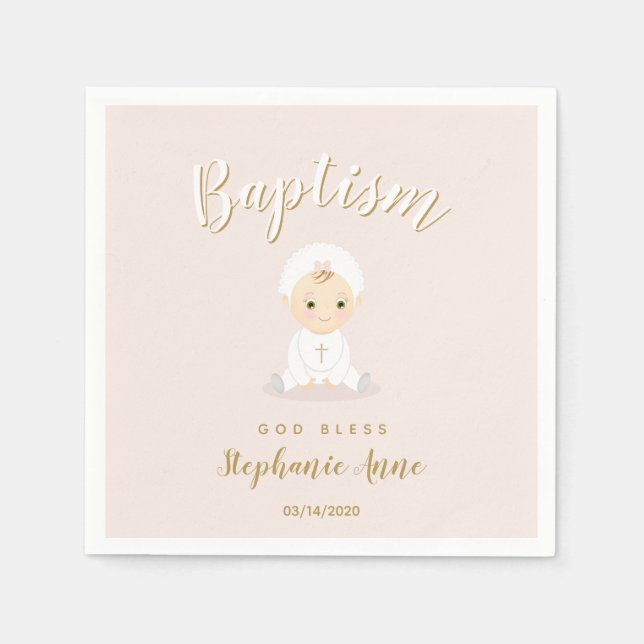 Serviettes En Papier Baptême Fille Bébé avec Bonnet (Devant)