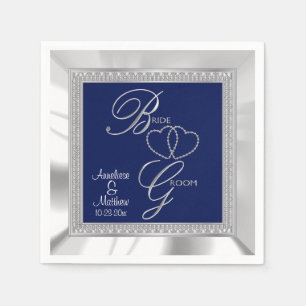 Serviettes En Papier Beau Mariage Royal Bleu, Argent & Blanc Satin