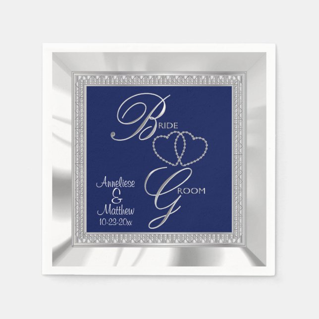 Serviettes En Papier Beau Mariage Royal Bleu, Argent & Blanc Satin (Devant)