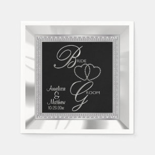 Serviettes En Papier Beau Mariage satiné noir, argenté et blanc