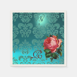 SERVIETTES EN PAPIER BEAU ROSE ROSE ROSE, TURQUOISE BLEU DAMASK MONOGRA