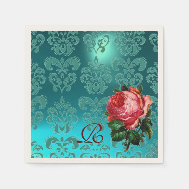 SERVIETTES EN PAPIER BEAU ROSE ROSE ROSE, TURQUOISE BLEU DAMASK MONOGRA (Devant)