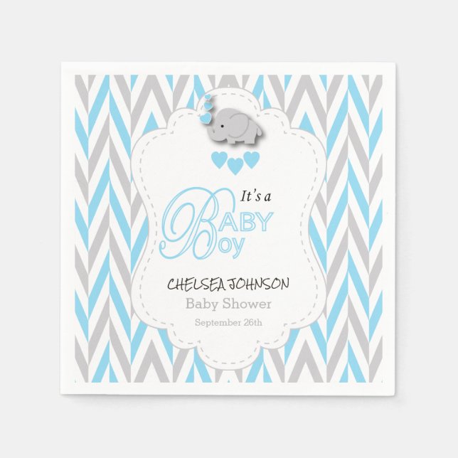 Serviettes En Papier Bébé Bleu, Gris Blanc Eléphant Baby shower 2 (Devant)