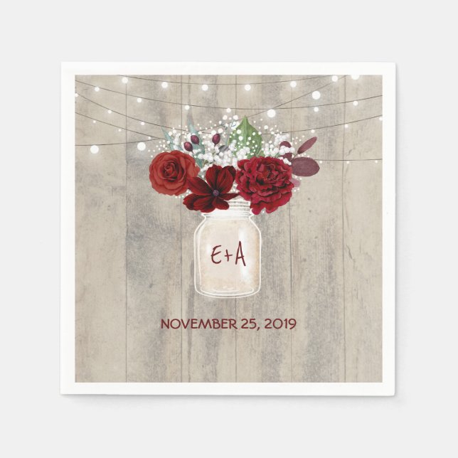 Serviettes En Papier Bébé souffle et Bourgogne Floral Mason Jar Rustiqu (Devant)