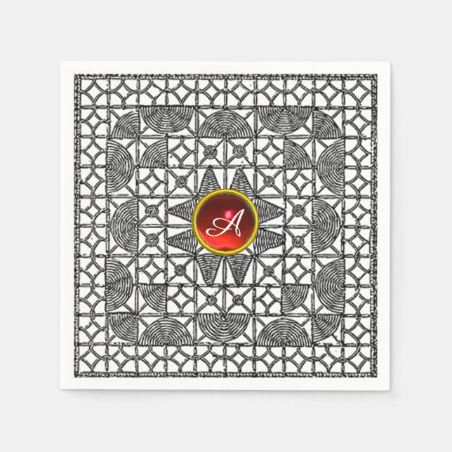 SERVIETTES EN PAPIER BLACK BLANC LACE GÉOMÉTRIQUE ROUGE GEM STONE MONOG (Devant)