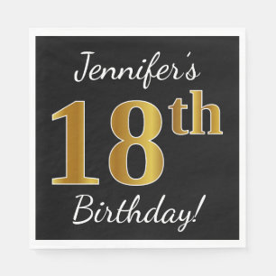 Serviettes En Papier Black, Faux Gold 18e anniversaire + Nom personnali