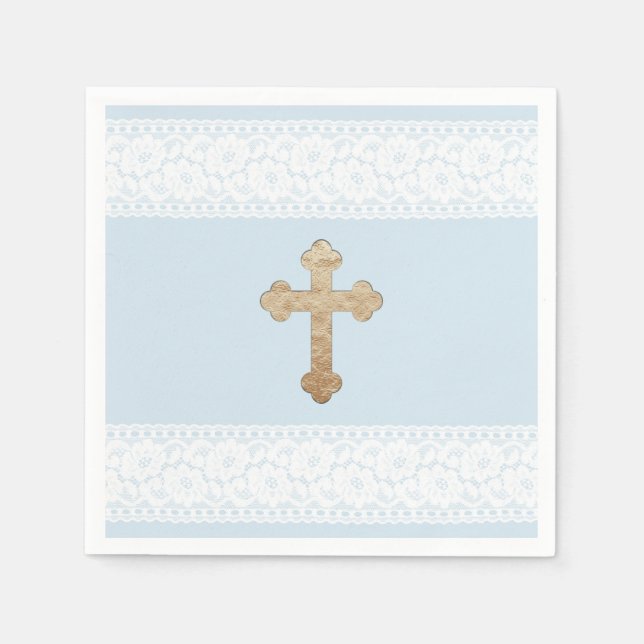 Serviettes En Papier Blanc Lace Or Croix Bleu Bleu papier religieux (Devant)