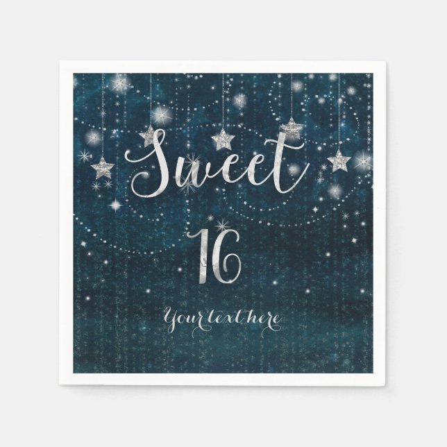 Serviettes En Papier Bleu & Argent Starry Celestial Sweet 16 Party (Devant)