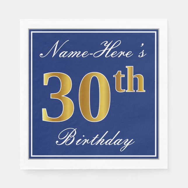 Serviettes En Papier Bleu élégant, Faux Gold 30e anniversaire; Nom pers (Devant)