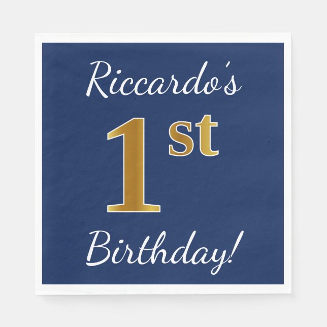 Serviettes En Papier Blue, Faux Gold 1er anniversaire + Nom personnalis (Devant)