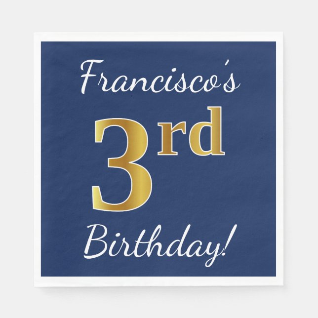 Serviettes En Papier Blue, Faux Gold 3e anniversaire + Nom personnalisé (Devant)