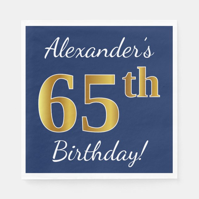 Serviettes En Papier Blue, Faux Gold 65e anniversaire + Nom personnalis (Devant)