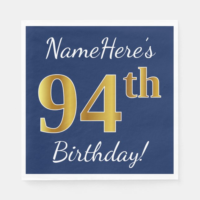 Serviettes En Papier Blue, Faux Gold 94e anniversaire + Nom personnalis (Devant)