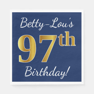 Serviettes En Papier Blue, Faux Gold 97th Birthday + Custom Name