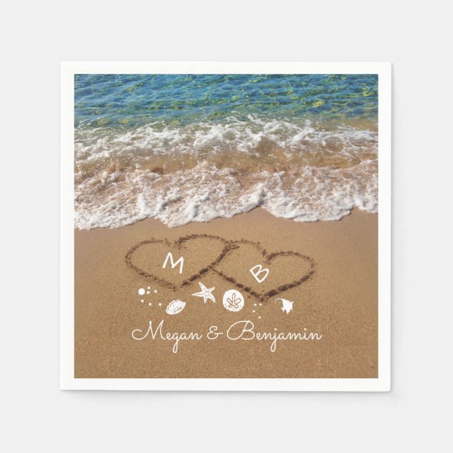 Serviettes En Papier Blue Sea Waves et Sand Hearts Mariage tropical (Devant)