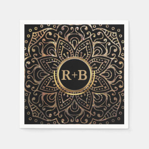 Serviettes En Papier Boho Black Gold Foil Mandala Mariage Monogramme
