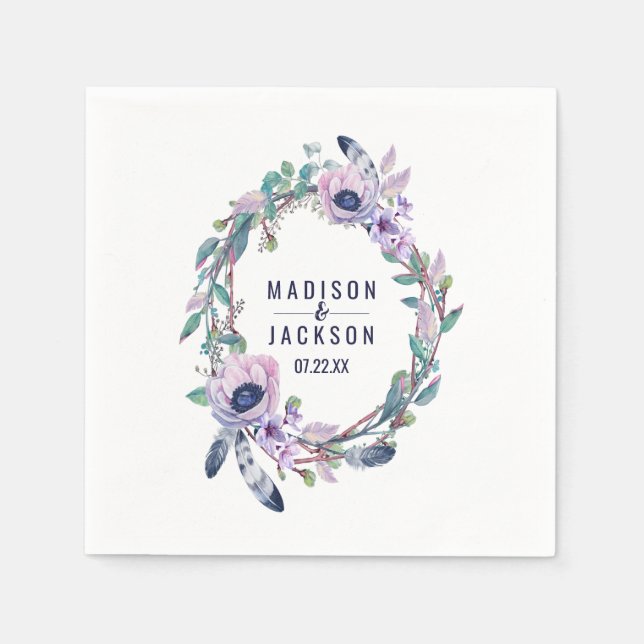 Serviettes En Papier Boho Feather & Floral Wreath Mariage Monogramme (Devant)