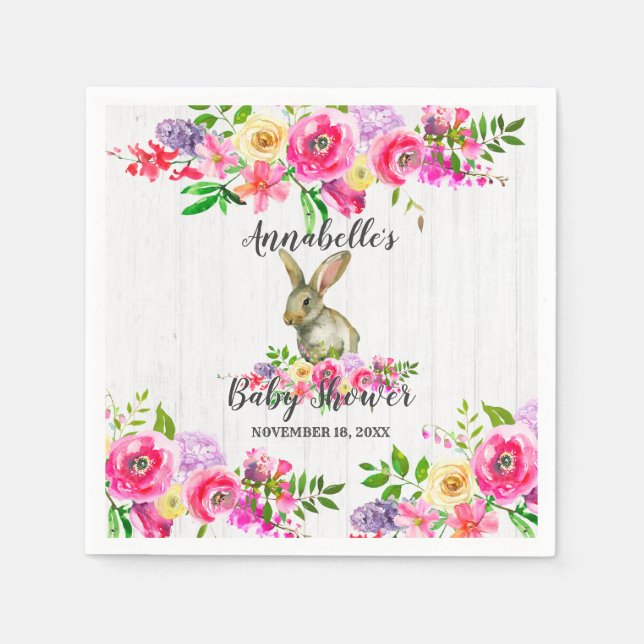 Serviettes En Papier Bois Lapin Lapin Aquarelle Floral Babal Showe (Devant)