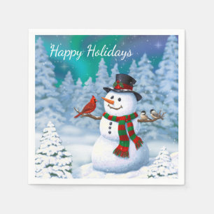Serviettes En Papier Bonhomme de neige joyeux de Noël & Oiseaux Scène h