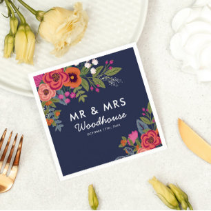Serviettes En Papier Bouquet bohème - bleu marine M & Mme Mariage