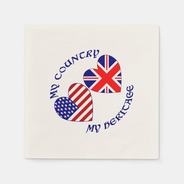 Serviettes En Papier British USA Heart Flags Country Heritage (Devant)