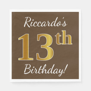 Serviettes En Papier Brown, Faux Gold 13e anniversaire + Nom personnali