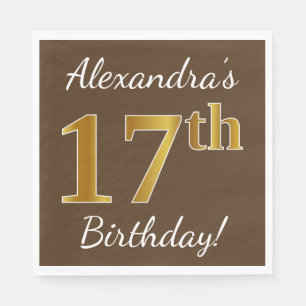 Serviettes En Papier Brown, Faux Gold 17e anniversaire + Nom personnali