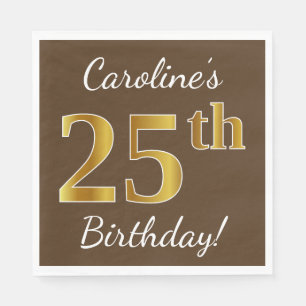 Serviettes En Papier Brown, Faux Gold 25e anniversaire + Nom personnali