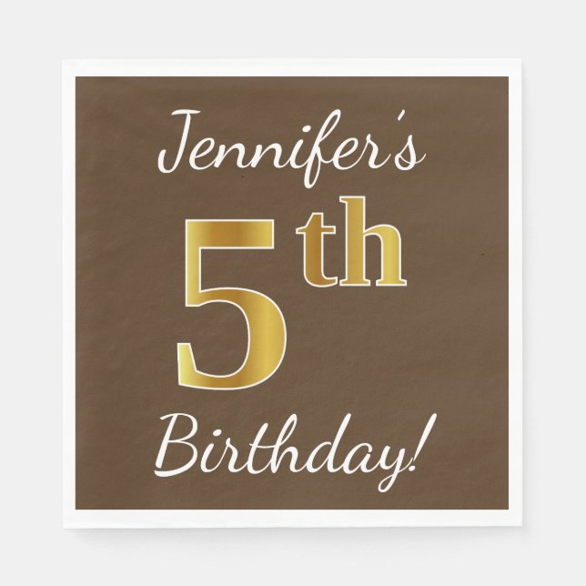 Serviettes En Papier Brown, Faux Gold 5e anniversaire + Nom personnalis (Devant)