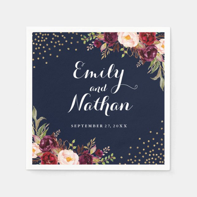 Serviettes En Papier Burgundy Gold Navy Confetti Floral Mariage Napkin (Devant)